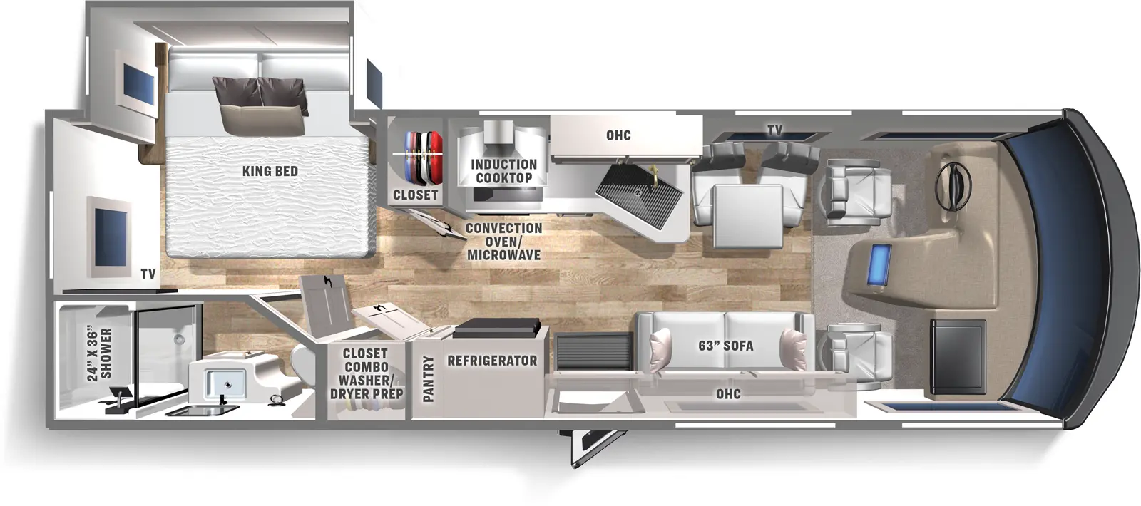 The 25EU has one slideout and one entry. Interior layout front to back: front cockpit; off-door side seating with table, TV, kitchen counter with sink, overhead cabinet, induction cooktop, convection oven/microwave, and closet; door side sofa, overhead cabinet, entry, refrigerator, pantry, and closet combo washer/dryer prep; rear off-door side king bed slideout with TV on interior wall at foot of bed; rear door side full bathroom.